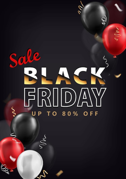 Vertikales Banner mit schwarz-weißen und roten 3D-Ballons und goldenen Party-Streamer BLACK FRIDAY SALES