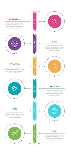 Vertikales infografik-design mit symbolen und 6 optionen oder schritten