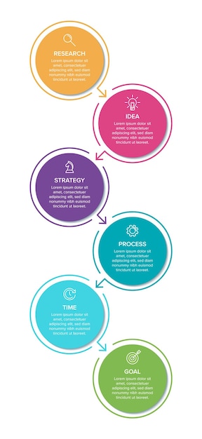 Vektor vertikales infografik-design mit symbolen und 6 optionen oder schritten