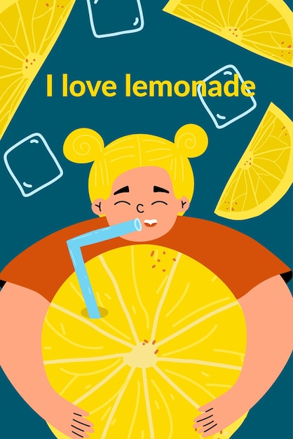 Vertikales Poster mit einem kleinen Mädchen, das Limonade aus einem Strohhalm trinkt