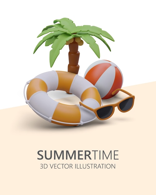Vertikales Poster über Sommerentspannung am Meer Urlaub im Meeresresort Angenehme und sichere Freizeit am Strand 3D-Palmensonnenbrille aufblasbarer Strandball-Rettungsring Aktive Spiele im Wasser