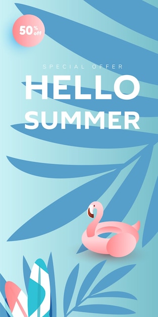 Vertikales sommerverkaufs-bannerdesign mit ozean, tropischen blättern und aufblasbarem kreis des rosa flamingos