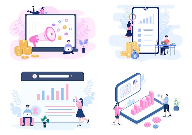 Vertriebsteam mit entwicklung des finanzgeschäfts von menschen, die arbeiten. analyse von unternehmensinformationen vektor-illustration