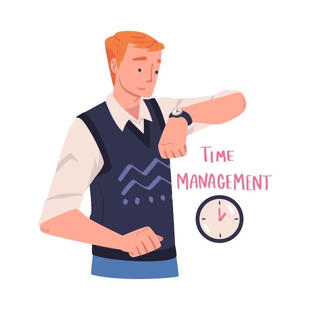Verwalten Sie den Charakter mit Blick auf die Uhr Planung der Zeit und des Ereignisses Verwaltung des Zeitplans Vektor-Illustration