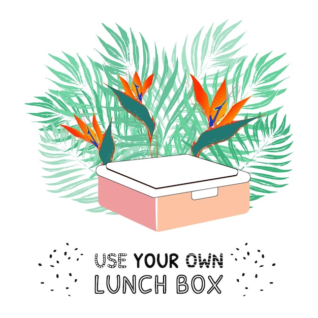 Verwenden sie ihre eigene lunchbox und gehen sie auf dem hintergrund tropischer blätter zu zero waste. öko-geist. vektor
