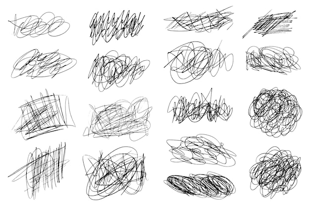 Verwirrte chaotische verrückte Linien, zufällige chaotische Scribble-Linien, Sammlung auf weißem Hintergrund.