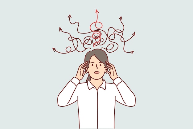 Verwirrte Frau mit einem Bündel Pfeile über dem Kopf, verwirrt in ihren Gedanken und versucht, eine schwierige Entscheidung zu treffen. Verwirrtes Mädchen braucht Hilfe eines Psychologen, um den richtigen Weg für die persönliche Entwicklung zu wählen