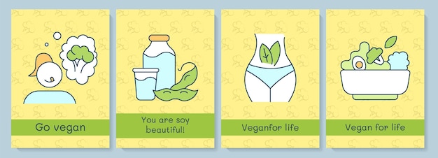 Verzicht auf tierische produkte grußkarten mit farbigem symbolelement set veganismus postkartenvektordesign dekorativer flyer mit kreativer illustration notecard mit glückwunschbotschaft