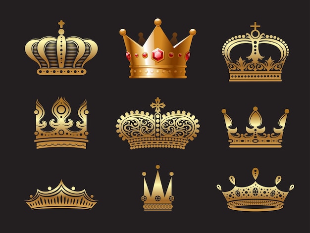 Verzierter goldener Königskronen-Vektorsatz