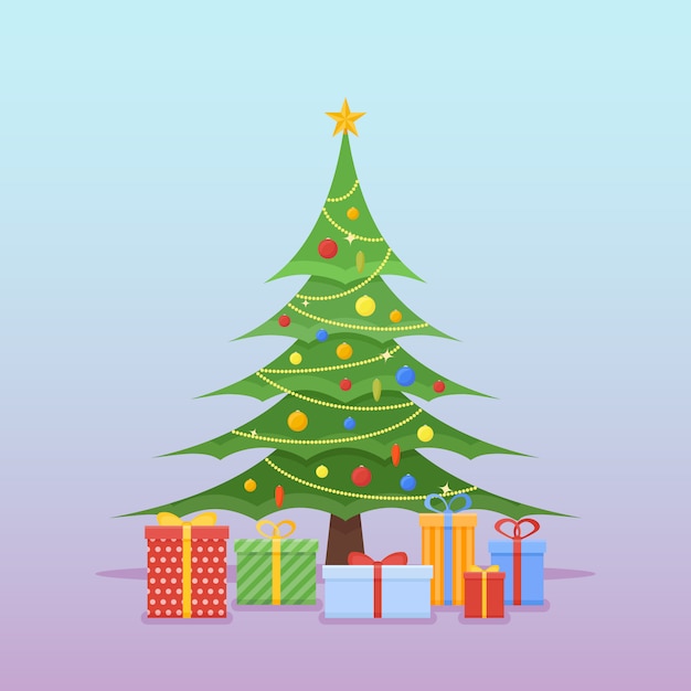 Verzierter weihnachtsbaum mit bunten kugeln, stern und geschenken.