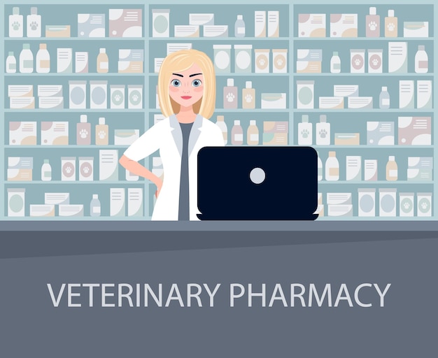 Veterinärapotheke Vektor-Illustration Mädchenverkäufer