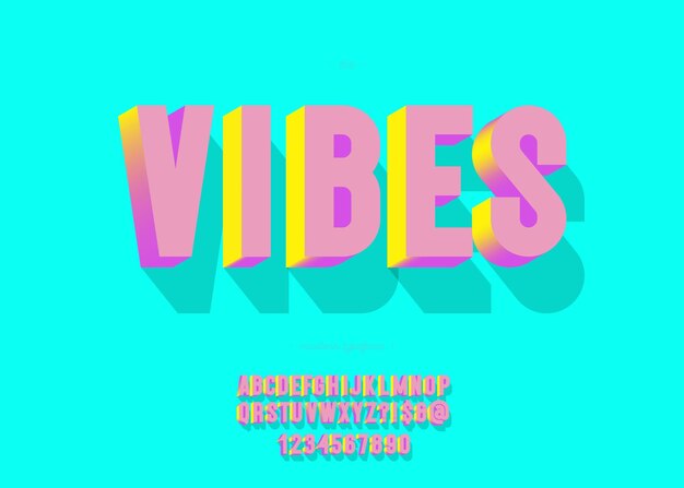 Vibes schriftart 3d fett schräger stil moderne typografie für sommerfeier poster t-shirt flyer dekoration karten verkauf banner druck auf stoff industrie coole schriftart trendy alphabet vector 10 eps