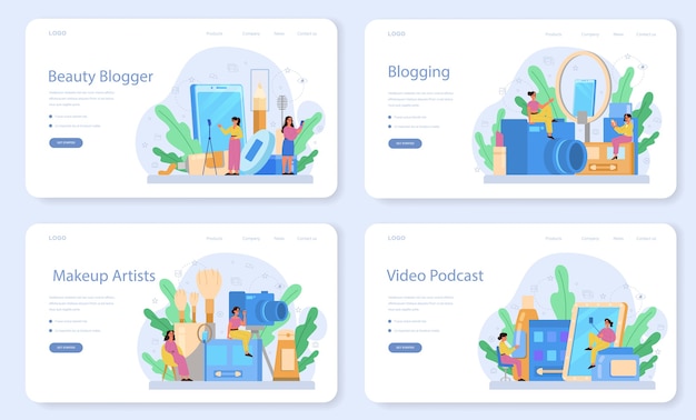Video beauty blogger web-banner oder landing page set. internet-promi im sozialen netzwerk. beliebte bloggerin beim schminken.