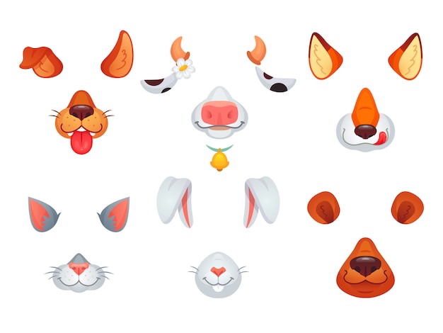 Video-Chat Charakter Hund, Katze, Fuchs, Bär, Hase und Kuh bunte lustige Cartoon Video Maskensymbol.