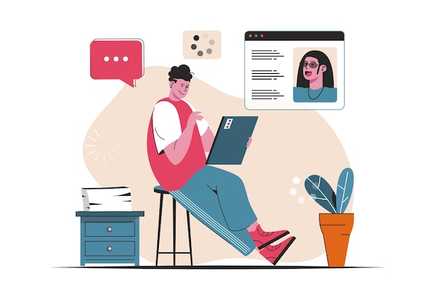 Video-Chat-Konzept isoliert. Freunde sprechen über Videoanrufe im Messenger. Menschenszene im flachen Cartoon-Design. Vektorillustration für Blogging, Website, mobile App, Werbematerialien.