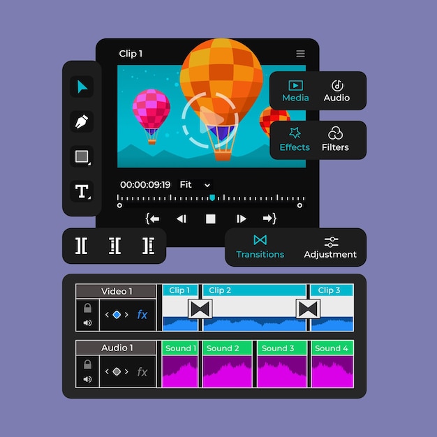 Video-Editing-App Software Schnittstelle dunkler Modus mit Timeline und Tools
