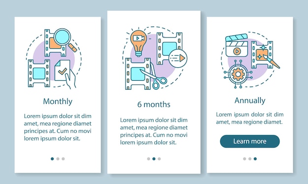 Video-Editor-Abonnement-Onboarding-Seitenbildschirm für mobile Apps mit linearen Konzepten. Monatlicher, jährlicher Tarif. Grafische Anweisungen in drei Schritten zur Komplettlösung. UX, UI, GUI-Vektorvorlage mit Illustrationen