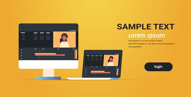 Video-editor laptop-computer-monitor mit schnittstelle der anwendung oder software zum bearbeiten blogging motion design studio konzept horizontalen kopierraum