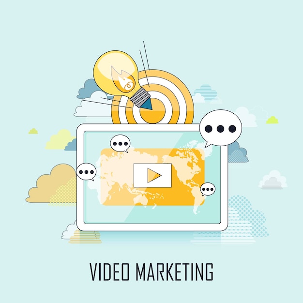 Video-marketing-konzept: video auf tablet im linienstil anzeigen