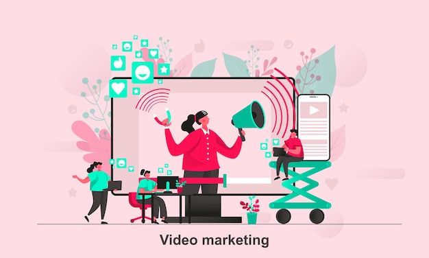 Video-marketing-webkonzeptdesign im flachen stil mit winzigen personencharakteren