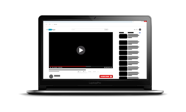 Vektor video-player-oberfläche auf einem modernen laptop-bildschirm, video-player-vorlage für ihre website, social-media-inhalte, realistische illustration