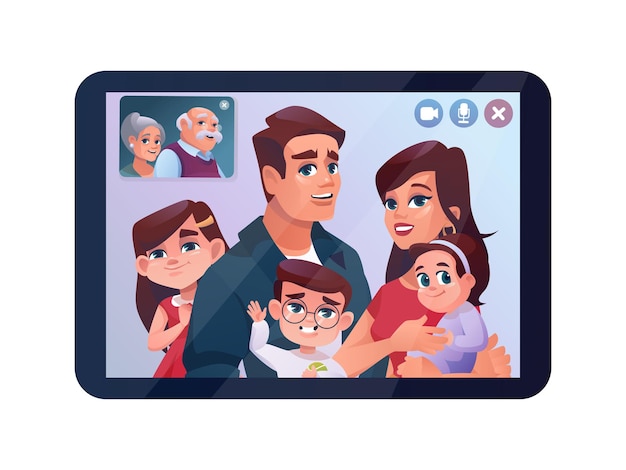 Videoanruf familienchat auf tablet oder telefon vektor cartoon illustration