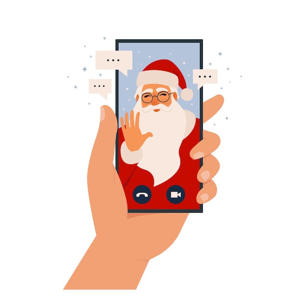 Vektor videoanruf weihnachtsmann, online-chat über mobile app.hand halten smartphone. der weihnachtsmann ruft auf dem gerätebildschirm an.