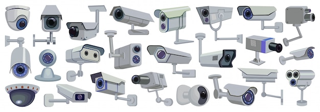 Vektor videokamera-cartoon-set-symbol. illustrationskontrolle der überwachung auf weißem hintergrund. cartoon set symbol videokamera.