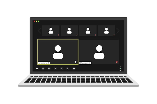 Vektor videokonferenz-benutzeroberfläche auf realistischem laptop-fenster für videokonferenzgespräche overlay six user