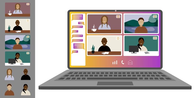 Videokonferenz von zu Hause aus Kollegen verschiedener Nationalitäten und Altersgruppen sprechen