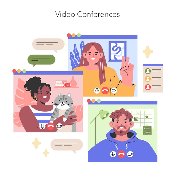 Videokonferenzen Illustration Kollegen verbinden sich in einem virtuellen Raum und teilen einen Moment der Arbeit und