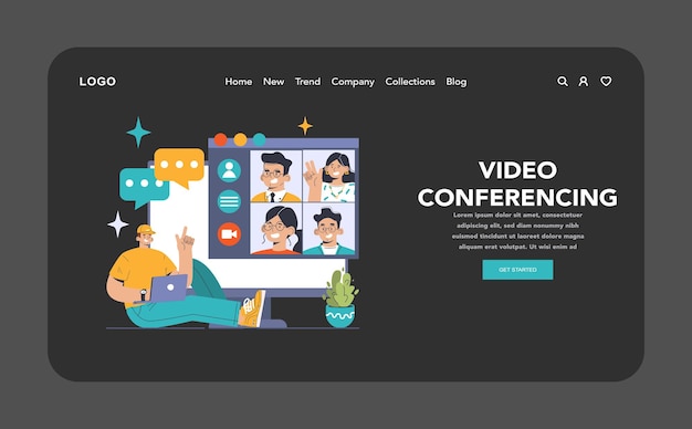 Videokonferenzen im dunklen oder nächtlichen Modus, Web-Landing-Mann auf virtuellen Treffen, Anzeige verschiedener