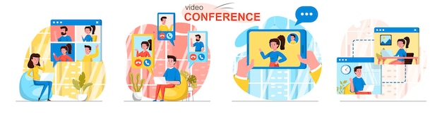 Vektor videokonferenzszenen im flachen stil
