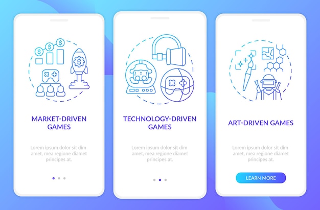 Videospieltypen onboarding mobile app seitenbildschirm mit konzepten. exemplarische vorgehensweise zum erstellen moderner spiele 3 schritte grafische anleitung. ui-vorlage mit rgb-farbabbildungen