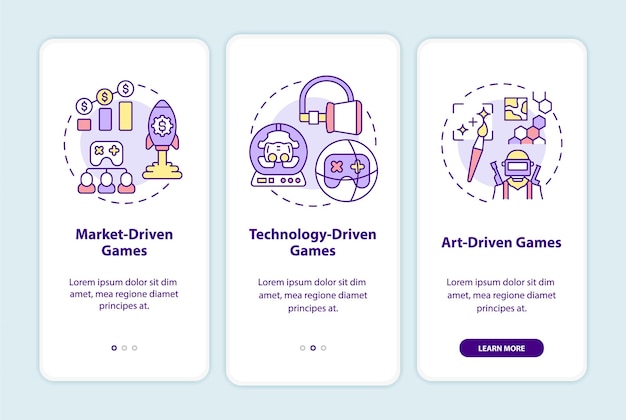 Videospieltypen onboarding mobile app seitenbildschirm mit konzepten