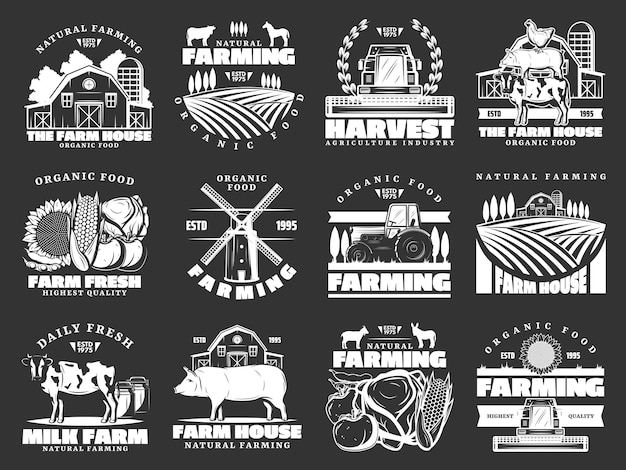 Viehzucht und landwirtschaftliche Vektorsymbole