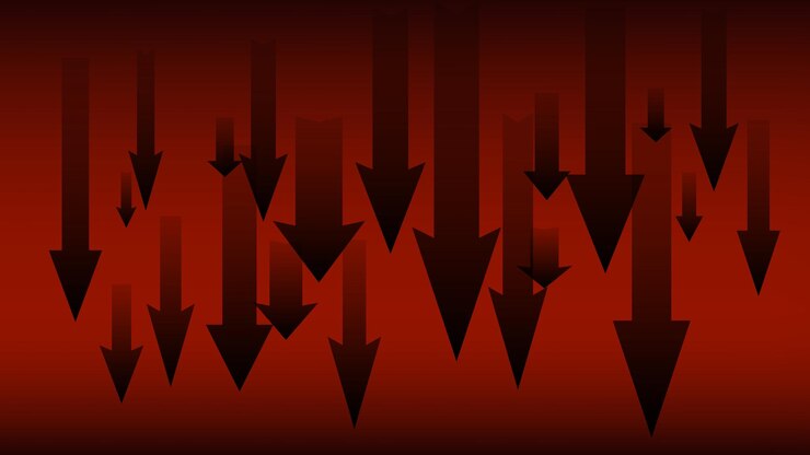 Viele dunkle Pfeile, die auf dunkelrotem Hintergrund nach unten zeigen Symbol des fallenden Marktes oder der Wirtschaft News-Banner