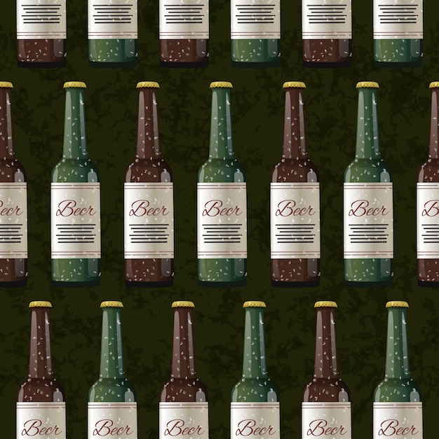 Viele flaschen helles und dunkles bier auf dunkelgrünem, nahtlosem muster