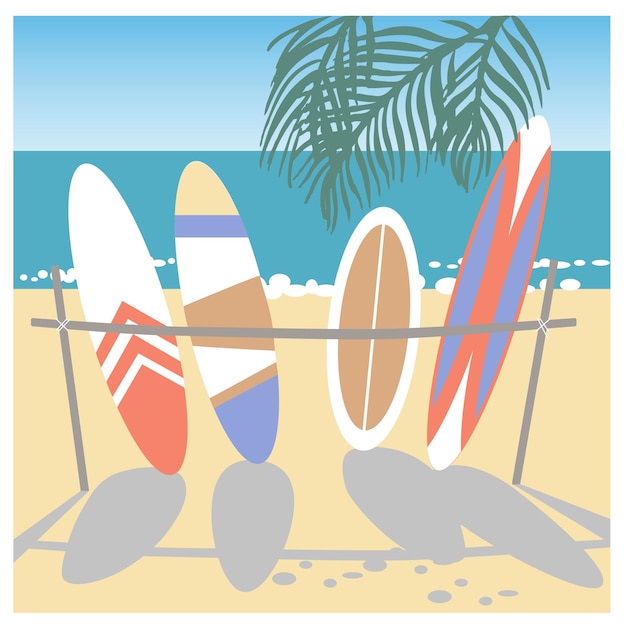 Vektor viele surfbretter am strand panorama-vektorillustration