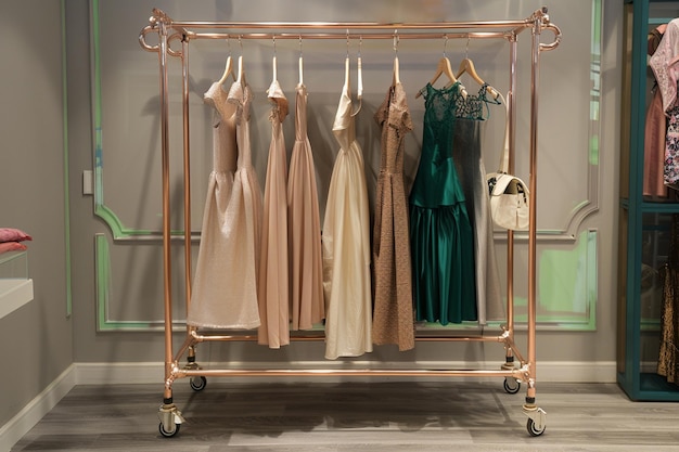 Viele verschiedene Abend- und Hochzeitskleidungen in Nahaufnahme auf einem Aufhänger in einem Laden Hochzeitsfotografie