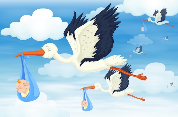 Vektor viele vögel mit neugeborenen babys im himmel