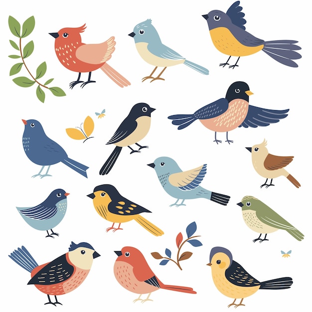 Vielfältige farbenfrohe Vögel verschiedene Arten Federn Laub Cartoon-Stil Vogel-Sammlung Wildtiere