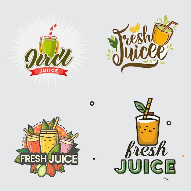 Vielfalt an flachen etiketten gesundes getränk frischer fruchtsaft typografie logo design