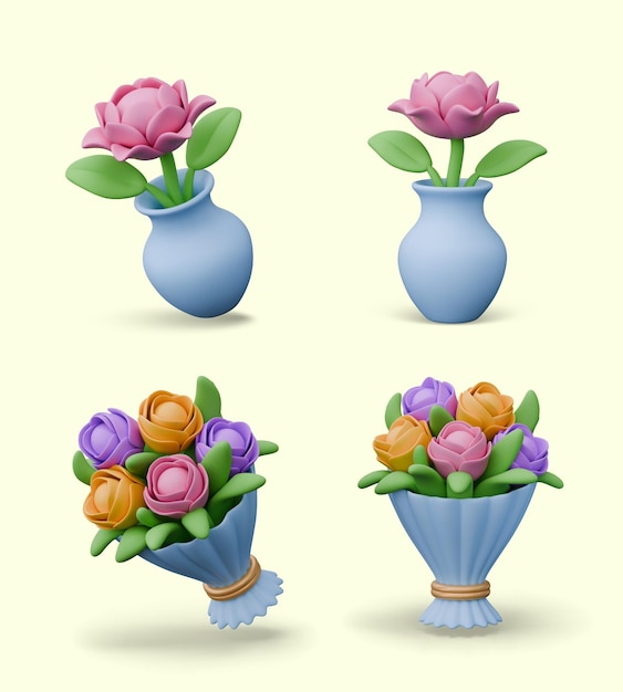 Vielfarbiger Bouquet einzelne rosa Blume in Vase Realistische detaillierte Illustrationen