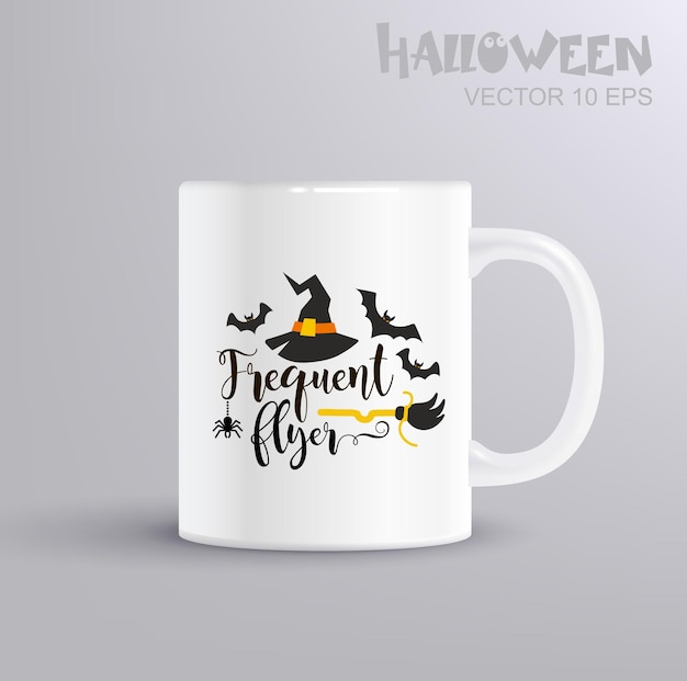 Vielflieger-spaß-schriftzug für halloween mit hexenhut-illustration mit kaffeebecher-attrappe