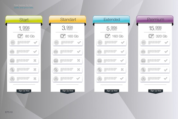 Vier banner für die tarife und preislisten. webelemente. hosting planen. für web-app. preistabelle, banner, liste.
