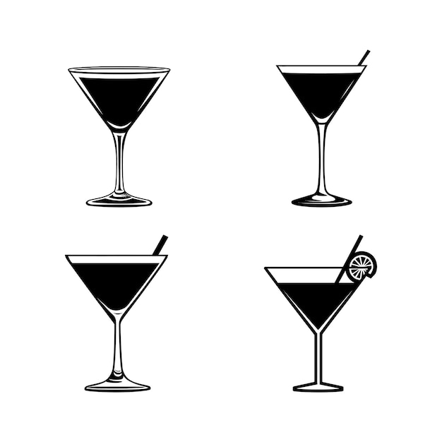 Vier Cocktailgläser mit Strohhalmen und Zitronenscheiben-Ikonen auf durchsichtigem Hintergrund