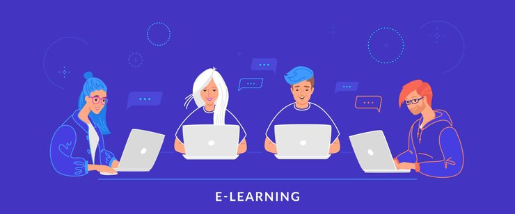 Vektor vier jugendliche arbeiten mit laptop am schreibtisch und tippen auf der tastatur. flache linie vektorgrafik von e-learning, studenten, die studieren und online-chats. gruppe von personen, die laptop auf blauem hintergrund verwenden