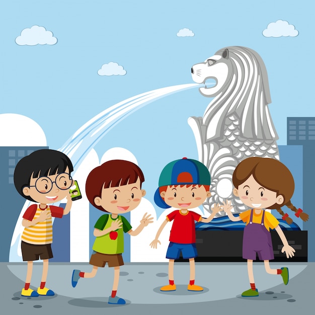 Vier kinder im merlion in singapur