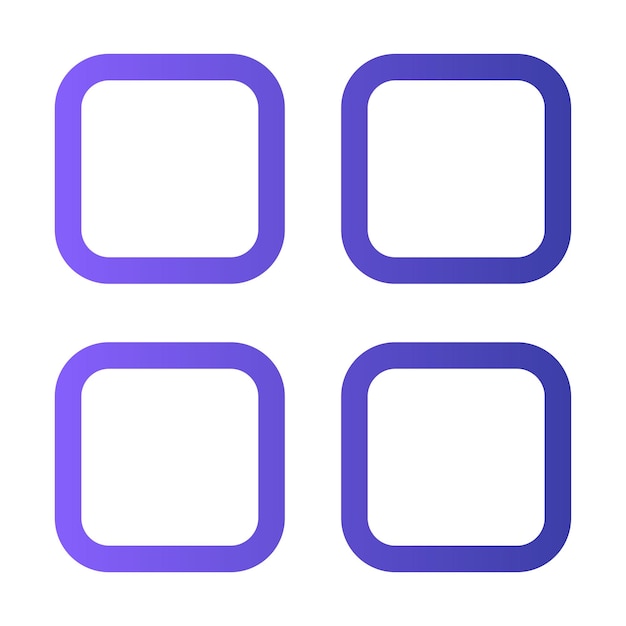 Vier lila umrissene Quadrate, die in einem Raster auf weißem Hintergrund angeordnet sind und ein minimalistisches Design hervorheben